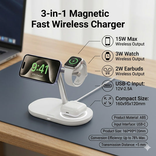 3-in-1 Magnetic Fast Wireless Charging Station – 15W Rapid Charger for iPhone, Apple Watch & AirPods
