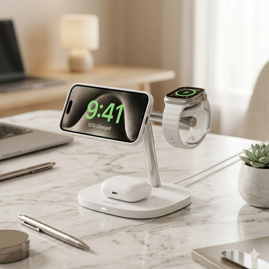 3-in-1 Magnetic Fast Wireless Charging Station – 15W Rapid Charger for iPhone, Apple Watch & AirPods
