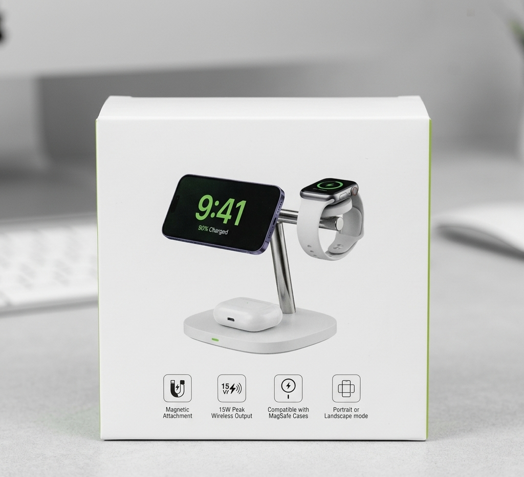 3-in-1 Magnetic Fast Wireless Charging Station – 15W Rapid Charger for iPhone, Apple Watch & AirPods