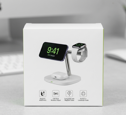 3-in-1 Magnetic Fast Wireless Charging Station – 15W Rapid Charger for iPhone, Apple Watch & AirPods