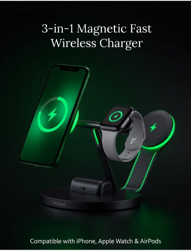 3-in-1 Magnetic Fast Wireless Charging Station – 15W Rapid Charger for iPhone, Apple Watch & AirPods