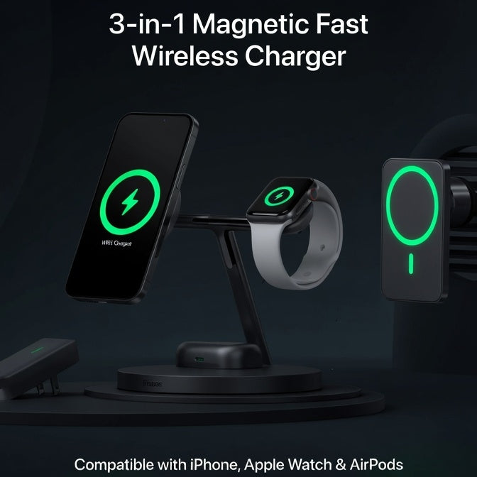 3-in-1 Magnetic Fast Wireless Charging Station – 15W Rapid Charger for iPhone, Apple Watch & AirPods