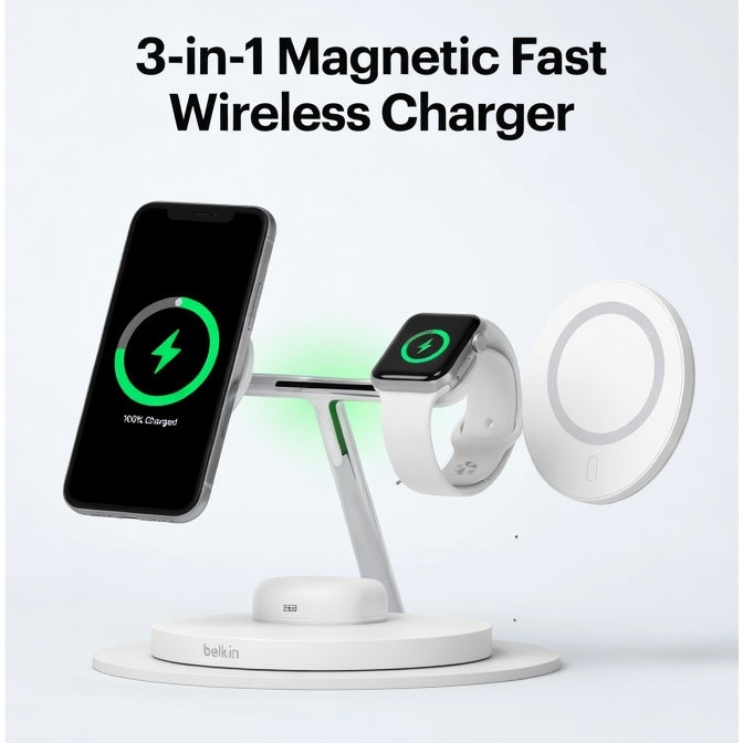 3-in-1 Magnetic Fast Wireless Charging Station – 15W Rapid Charger for iPhone, Apple Watch & AirPods