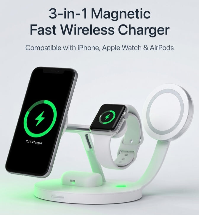 3-in-1 Magnetic Fast Wireless Charging Station – 15W Rapid Charger for iPhone, Apple Watch & AirPods